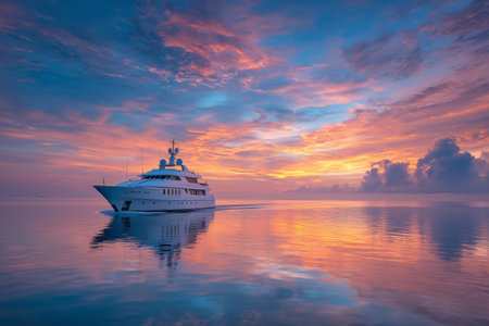 A yacht sails smoothly across tranquil waters during sunset. The sky is filled with pink and purple clouds reflecting beautifully on the surface.の素材