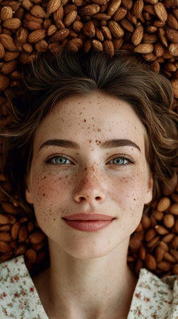 A young woman with freckles relaxes on a bed of almonds, her calm expression radiating peace. Natural lighting enhances the warmth of the scene, creating a soothing atmosphere.の素材