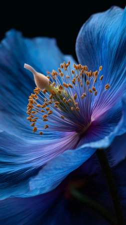 A stunning blue flower showcases intricate details, with a focus on its center covered in yellow pollen. The contrast with a dark background enhances its beauty and richness.の素材