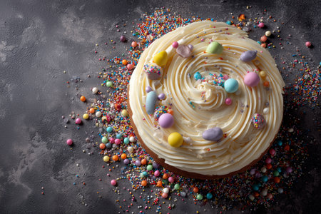 A bright, multi-colored cake is topped with swirled frosting and various candies.の素材