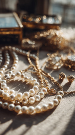A collection of shimmering pearl necklaces and gold jewelry pieces is laid out on a wooden table. Bright sunlight highlights their luxurious details, creating a warm atmosphere.の素材