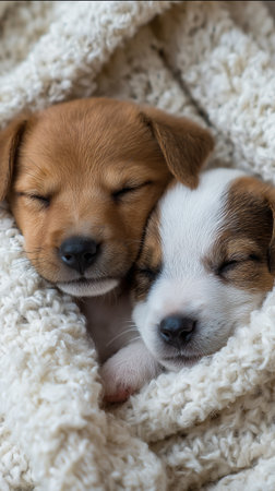 Two young puppies, one brown and one white, are peacefully sleeping together in a soft, fluffy blanket, showing their bond and cuteness in this serene moment.の素材