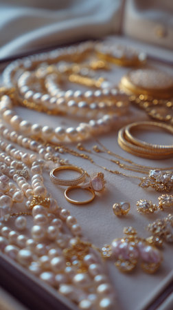 Pieces of fine gold jewelry are arranged beautifully, featuring intricate designs and sparkling gemstones, highlighting their elegance and craftsmanship.の素材