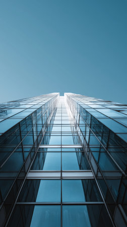 Looking up at a sleek glass skyscraper under a bright blue sky. The tall building reflects sunlight and showcases modern architecture in a bustling city setting.の素材