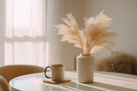 Dried flowers in a white vase sit on a table, accompanied by a warm cup on a coaster. Soft sunlight pours in, creating a relaxing atmosphere perfect for enjoying a calm morning.の素材