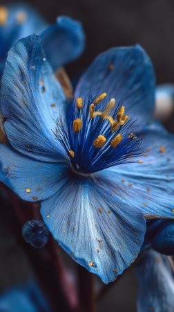Close view of a striking blue flower displaying vibrant petals and yellow stamen. The intricate details highlight the beauty of nature in a serene setting.の素材