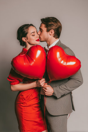 A couple in stylish outfits enjoys a romantic moment, kissing softly while holding large red heart-shaped balloons. The vibrant red backdrop enhances the affection in this intimate scene.の素材