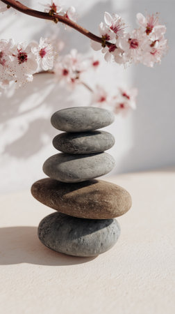 Five smooth stones are stacked neatly on each other, with delicate cherry blossoms framing the scene. Soft sunlight highlights the textures and colors, creating a calm atmosphere.の素材
