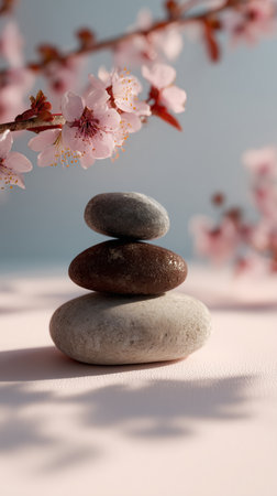 Five smooth stones are stacked neatly on each other, with delicate cherry blossoms framing the scene. Soft sunlight highlights the textures and colors, creating a calm atmosphere.の素材
