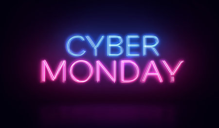 Vibrant neon lights display the words Cyber Monday, capturing the excitement of online shopping and exclusive offers. Deals attract shoppers looking for discounts this holiday season.の素材