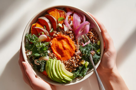 Hands hold a bowl full of grains topped with sweet potatoes, avocado, kale, and vibrant vegetables. This healthy dish is perfect for a nourishing lunch or dinner.の素材
