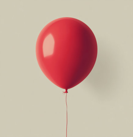 A single red balloon gently floats against a soft, neutral background. Its smooth surface reflects light, creating an inviting and cheerful atmosphere suitable for celebrations.の素材