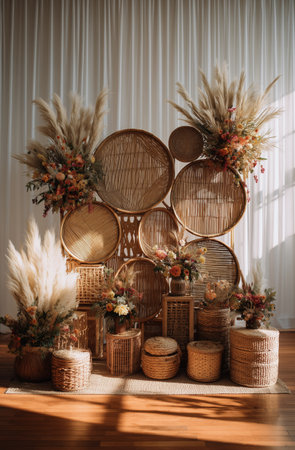 A colorful features display various woven baskets arranged artistically, adorned with soft dried flowers. This cozy setup enhances the warmth of the room during daytime.の素材