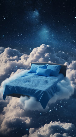 A soft purple bed floats gently among billowing clouds. The sky is filled with stars and gentle hues of twilight, creating a serene and magical atmosphere.の素材