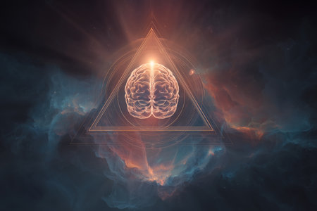A surreal representation of a glowing brain surrounded by vibrant blue and orange smoke. The brain is placed within a triangular shape, creating an intriguing visual effect.の素材