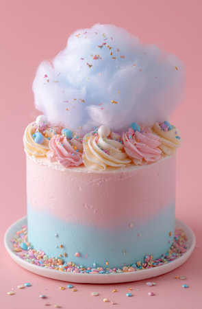 A beautiful cake features layers of pink and blue frosting, topped with colorful sprinkles and fluffy cotton candy. The soft pink backdrop enhances the delightful dessert.の素材