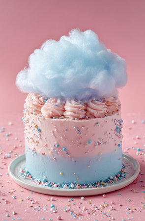 A whimsical cake with blue and pink frosting is topped with fluffy cotton candy and colorful sprinkles. The setting features a bright blue background and scattered decorations.の素材
