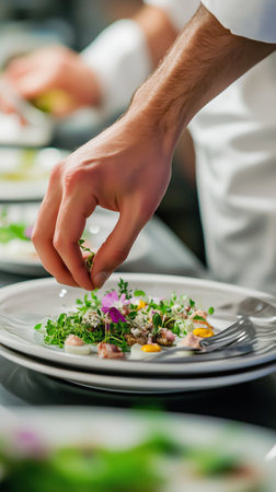 A skilled chef carefully places fresh herbs and colorful edible flowers on a beautifully arranged dish in a busy restaurant kitchen during dinner service.の素材