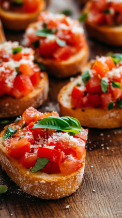 Slices of toasted bread topped with a mixture of diced tomatoes, basil, and cheese create a tasty appetizer. Each colorful piece looks inviting and ready for sharing.の素材