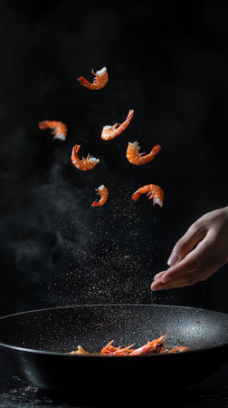 A hand gracefully sprinkles seasoning over a skillet as shrimp soar through the air. The scene is dramatic with a dark backdrop and a touch of steam rising from the pan.の素材