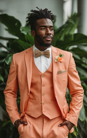 A well-dressed man stands with a relaxed expression in a coral suit, complete with a matching bow tie and a floral accent. Green plants fill the background, adding vibrancy.の素材