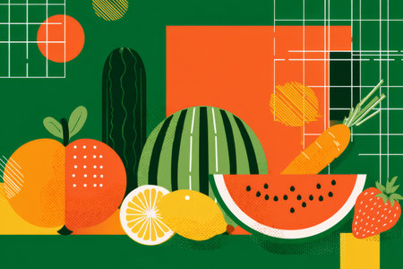 Bright and visually appealing artwork displays a variety of fruits including watermelon, orange, lemon, and strawberries against a vibrant green backdrop.の素材