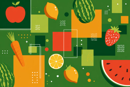 Bright and visually appealing artwork displays a variety of fruits including watermelon, orange, lemon, and strawberries against a vibrant green backdrop.の素材