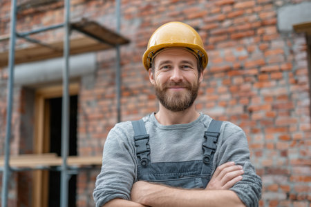 A cheerful construction worker stands at a construction site, wearing a hard hat and overalls. He folds his arms and smiles warmly against a backdrop of exposed brick.の素材