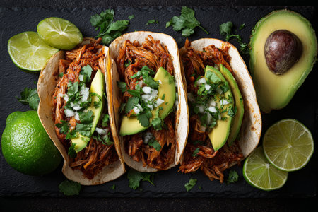 Three chicken tacos filled with shredded meat, topped with avocado, onion, and cilantro beside fresh limes. The setting highlights a simple yet appetizing meal.の素材