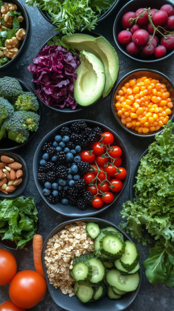 Colorful bowls filled with fresh fruits and vegetables are displayed on a dark table. The vibrant selection includes greens, berries, and tomatoes, perfect for cooking and salads.の素材