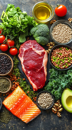 A variety of fresh ingredients are arranged on a kitchen counter, including meats, vegetables, seeds, and nuts, ready to be used for nutritious cooking.の素材