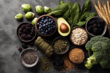 Colorful fruits and vegetables are carefully arranged on a textured surface. Bowls filled with blueberries, avocados, oats, and greens showcase healthy meal options.の素材