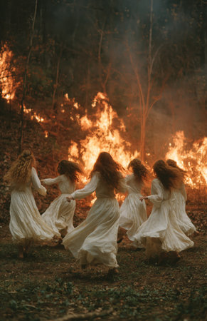 Six women in white dresses dance in a circle amidst a forest fire, surrounded by trees. Flames illuminate the scene as dusk settles in, creating a striking contrast.の素材