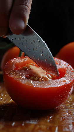 A person holds a knife carefully slicing into a ripe tomato. Water droplets glisten on the surface, highlighting the freshness of the tomato in a warm kitchen atmosphere.の素材