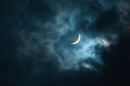 A bright crescent moon is visible among dark clouds at night, casting a soft glow and creating an ethereal scene in the sky. The atmospheric conditions enhance the moons beauty.の素材