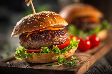 This delicious grilled hamburger features a perfect patty topped with cheese, fresh lettuce, sliced tomatoes, and served on a sesame seed bun. A real treat for burger lovers.の素材