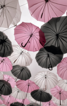 A ceiling adorned with paper umbrellas in shades of pink and black adds charm to the lively space. Vibrant colors create a whimsical and inviting environment for visitors.の素材
