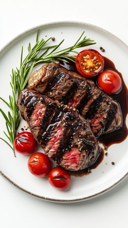 Juicy grilled steak is sliced open, revealing its pink center, served with roasted cherry tomatoes and fresh rosemary on a white plate, highlighting a delicious meal.の素材