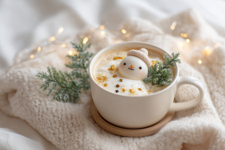 A cheerful snowman marshmallow sits atop creamy hot chocolate in a cozy mug. Greenery and twinkling lights create a warm, festive atmosphere perfect for winter.の素材