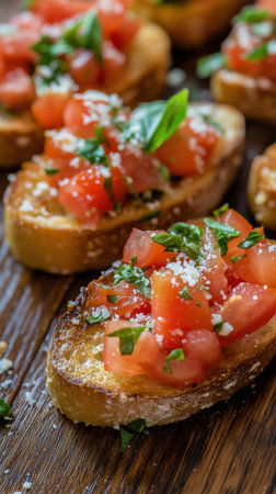 Freshly prepared bruschetta with diced tomatoes and basil sits on crusty bread, garnished with salt on a rustic wooden surface. This dish showcases vibrant colors and textures.の素材