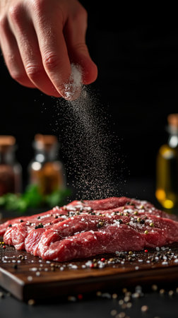 A close-up of raw meat being sprinkled with salt and spices. Olive oil and herbs are visible in the background, creating an inviting cooking atmosphere in a stylish kitchen.の素材