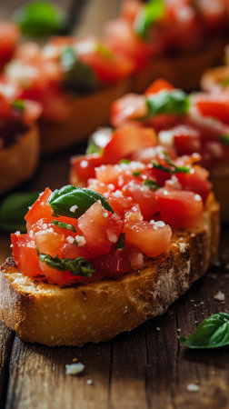 Freshly prepared bruschetta with diced tomatoes and basil sits on crusty bread, garnished with salt on a rustic wooden surface. This dish showcases vibrant colors and textures.の素材