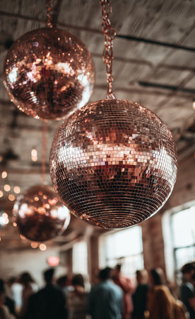 Shimmering disco balls hang from the ceiling, reflecting warm lights over a crowd enjoying a social event in a stylish urban space during the evening.の素材