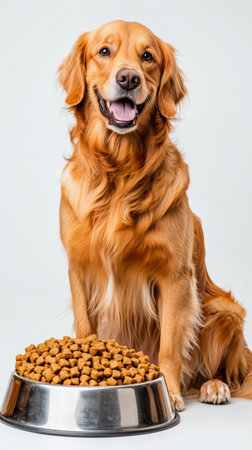 A golden retriever sits happily next to a metal bowl filled with dry dog food. The pet looks content, showcasing its fluffy fur and friendly expression in a bright setting.の素材