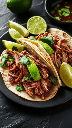 Three tacos filled with shredded meat sit on a dark plate. They are topped with diced tomatoes, onions, and cilantro, accompanied by lime wedges and avocado.の素材