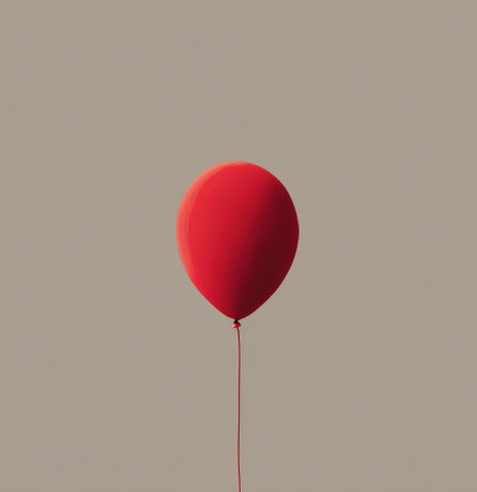 A bright red balloon is gently floating in the air, surrounded by a plain, neutral backdrop. The scene captures a sense of simplicity and fun that invites curiosity.の素材