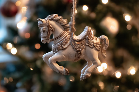 A delicate rocking horse ornament dangles from a lush Christmas tree adorned with soft glowing lights. This festive scene captures the warmth and joy of the holiday season.の素材