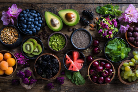 Various fruits and herbs are neatly arranged on a rustic wooden table. The scene showcases vibrant colors and textures, highlighting healthy options like berries, avocados, and herbs.の素材