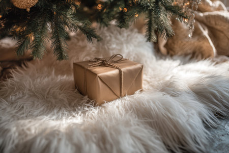 A elegantly wrapped brown gift box sits on a fluffy white surface, positioned under a beautifully adorned Christmas tree with soft light reflecting through nearby windows.の素材