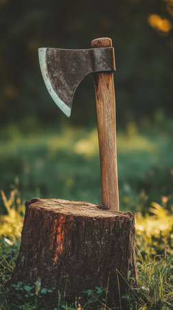An old ax is embedded in a wooden stump surrounded by lush green grass and foliage in a serene forest setting during daytime.の素材